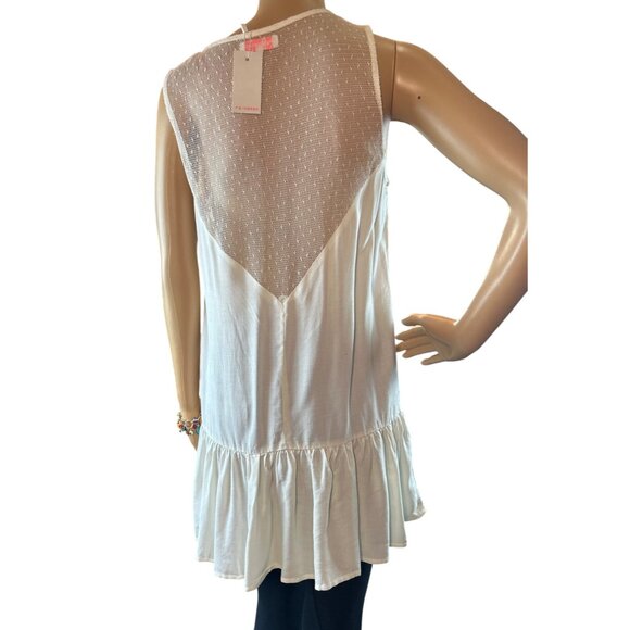 Renamed White Sleeveless V-Neck Tunic Top With Ruffle Hem & Sheer Back Panel - Picture 4 of 5